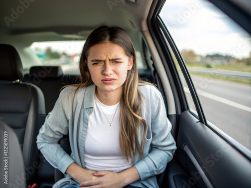 Young woman in car holding her stomach with pained expression photo