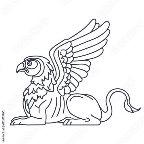 A vector illustration of a mythical sphinx in an elegant outline style. The design features a winged creature with the body of a lion and the head of an eagle, inspired by ancient mythology. 