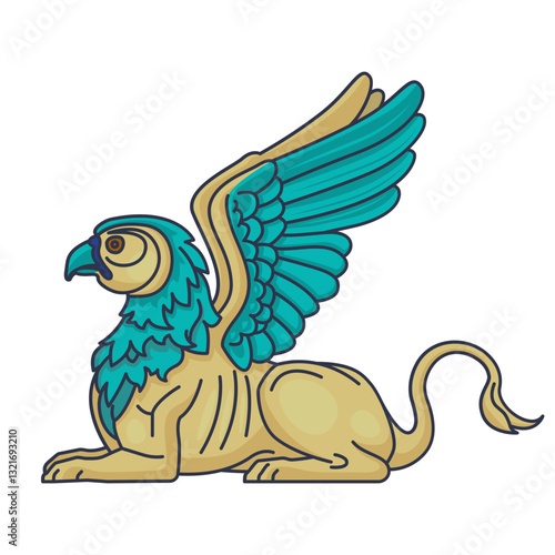 A fully colored vector illustration of a mythical sphinx with vibrant turquoise wings and golden fur. This legendary creature, blending features of a lion and an eagle, is inspired by ancient mytholog