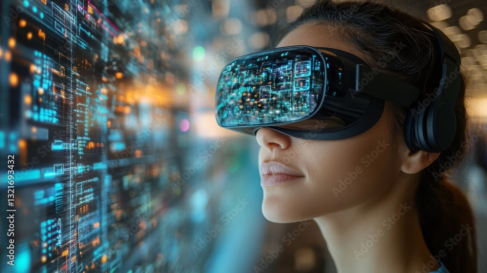 A woman experiences advanced virtual reality technology, showcasing intricate quantum computing concepts like qubits and superposition. The vibrant display illustrates data and algorithms. A woman experiences advanced virtual reality technology, showcasing intricate quantum computing concepts like qubits and superposition. The vibrant display illustrates data and algorithms.