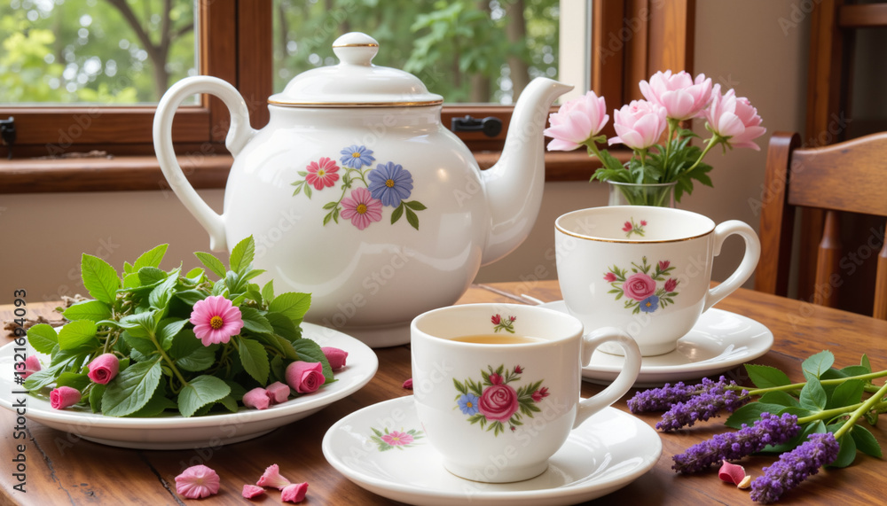 Herbal tea with chamomile and mint on a rustic wooden table at sunrise in a countryside garden setting Herbal tea with chamomile and mint on a rustic wooden table at sunrise in a countryside garden setting