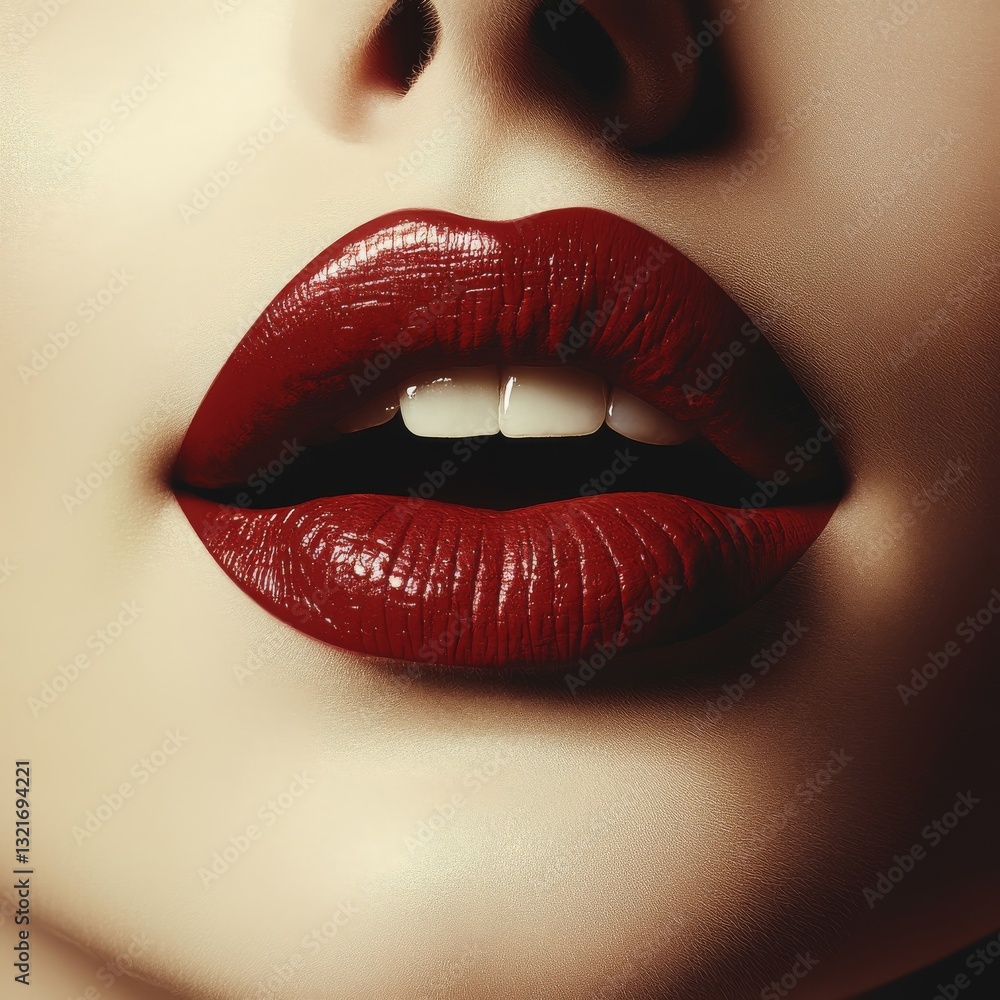 Obraz premium Sensual Red Lips Close-up of Woman's Mouth with Bold Lipstick