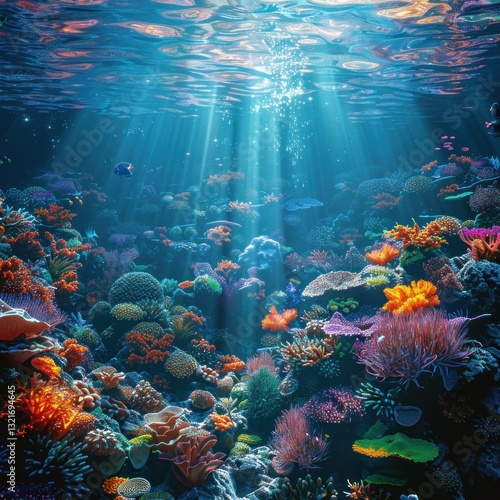 Fototapeta Naklejka Na Ścianę i Meble -  Underwater coral reef vibrant colors sunlight rays