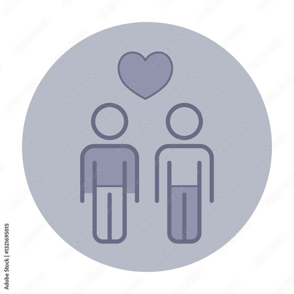 Icon of two stylized male figures standing side by side, with heart symbol above them, depicting love and connection Icon of two stylized male figures standing side by side, with heart symbol above them, depicting love and connection