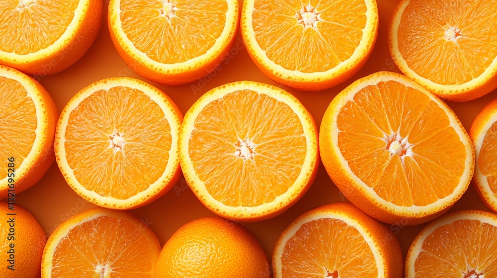 Fototapeta premium Freshly Sliced Oranges on a Bright Orange Background Showcasing Their Vibrant Color and Juiciness