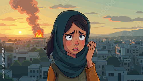 Distressed Woman Refugee from Conflict Zone Experiencing Anxiety and Trauma