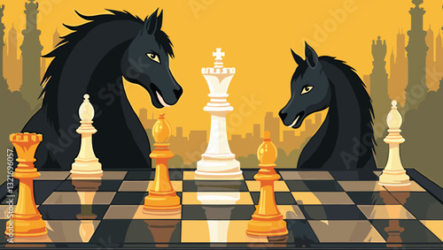 Female Chess Player Using Queen Piece to Defeat Opponent's Queen