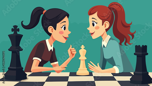 Female Chess Player Using Queen Piece to Defeat Opponent's Queen