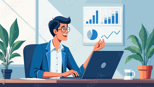 Focused Data Analyst Examining Internet Statistics on Laptop Computer at Modern Workplace