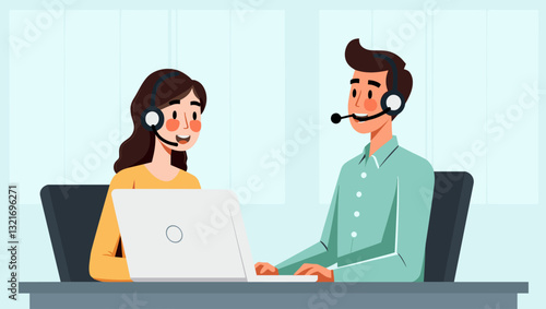 Friendly Customer Support Agent Providing Assistance to Confused Businessman via Laptop