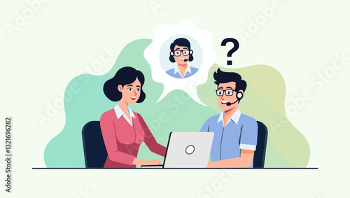 Friendly Customer Support Agent Providing Assistance to Confused Businessman via Laptop