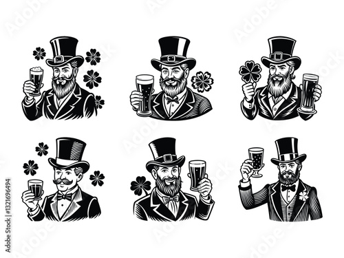 Collection of leprechaun characters with beer and clovers silhouette isolated on white background