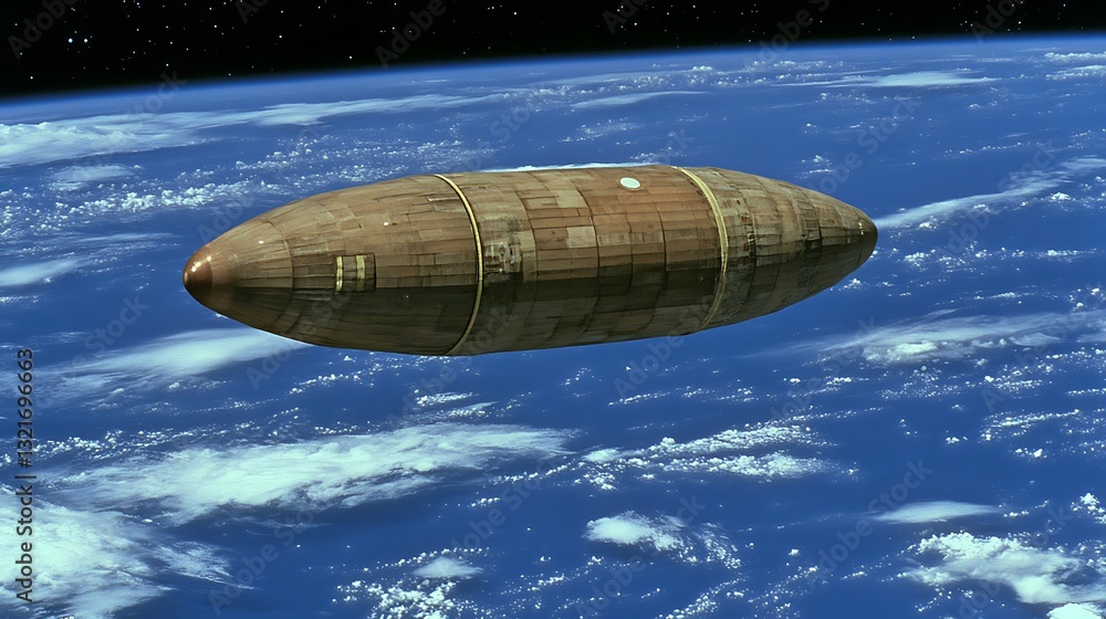 Fototapeta premium An elongated spacecraft floating above a beautiful blue planet