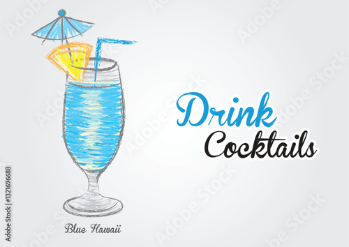 Blue Hawaii Tropical Cocktail vector illustration. Alcohol drinks. Tropical summer drinks in glass. Blue Hawaii cocktail drawing. food and drink. menu. brochure flyer. poster. banner,  Isolated