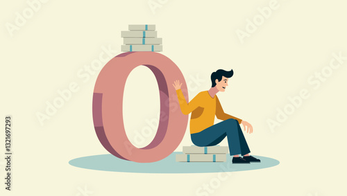 Man sitting inside a zero percentage sign, representing financial struggles and loan dependency