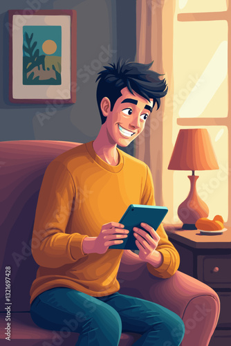 Man Viewing Social Media Content on Portable Tablet Device at Home