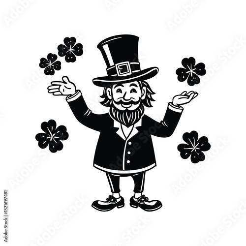 Happy leprechaun juggling lucky clovers silhouette isolated on white background