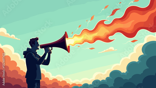 Man with megaphone launching rockets into the sky, symbolizing protest and rebellion