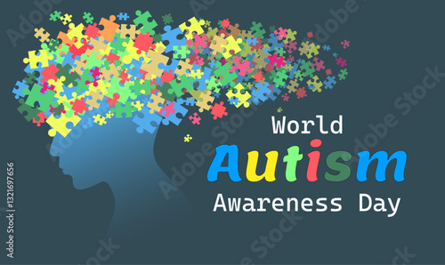Illustration of World Autism Awareness Day. Boy's head in profile with jigsaw puzzle icon, puzzles