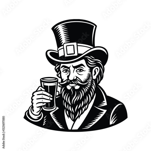 Leprechaun holding a pint of beer vintage illustration silhouette isolated on white background