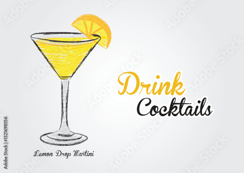 Lemon drop martini cocktail vector illustration. Tropical summer drinks in glasses. yellow cocktails with Lemon. Lemon martini cocktail drawing. food and drink. menu. brochure flyer. poster. banner