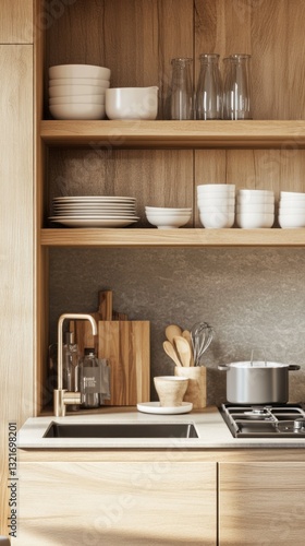 A stylish kitchen features wooden shelves filled with white dishes and glassware. A stainless steel sink complements a gas stove, enhancing the warm atmosphere of the culinary space