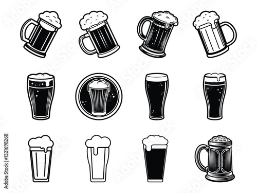 Set of different beer glasses with foam silhouette isolated on white background