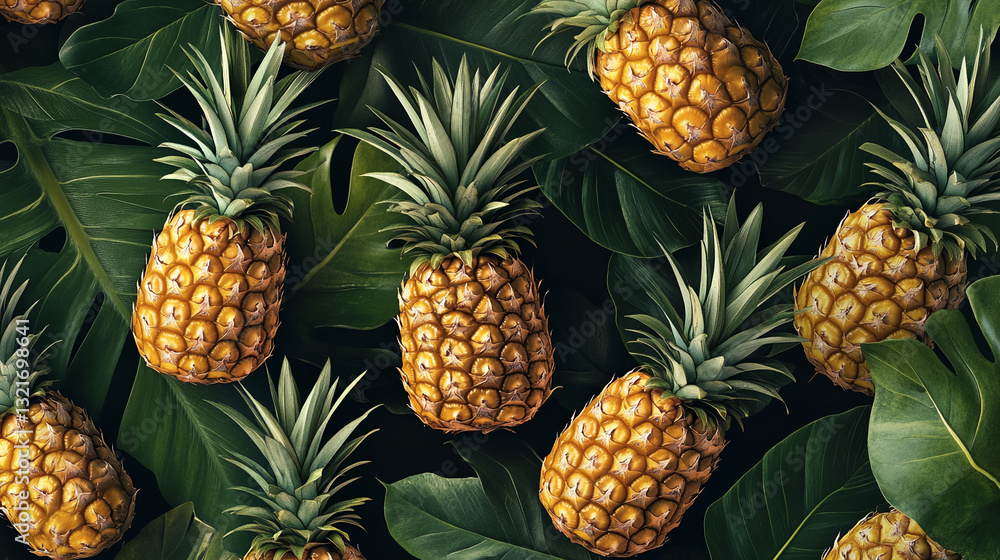 Close-up of multiple ripe pineapples nestled among large tropical leaves, creating a vibrant, tropical pattern, showcasing exotic summer vibes and lush nature Close-up of multiple ripe pineapples nestled among large tropical leaves, creating a vibrant, tropical pattern, showcasing exotic summer vibes and lush nature