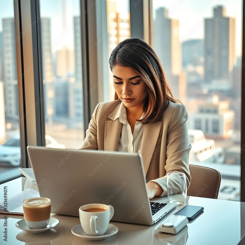A media tarde, una joven está trabajando en su laptop. Ella parece algo ansiosa A media tarde, una joven está trabajando en su laptop. Ella parece algo ansiosa
