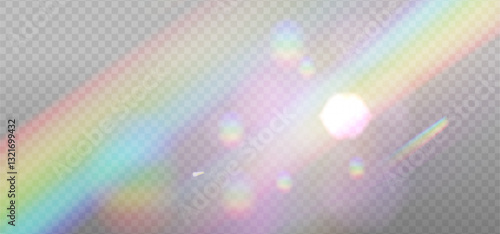 Rainbow light prism effect layer, transparent overlay background. Hologram reflection, crystal flare imposition. Vector realistic illustration with mesh gradients.