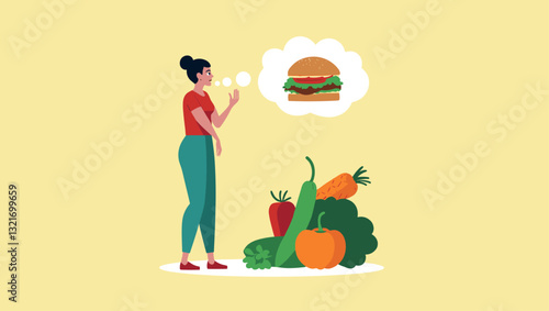 Nutritional Dilemma: Perplexed Woman Contemplating Junk Food and Healthy Vegetables as Lightbulb-Shaped Choices in Conceptual Vector