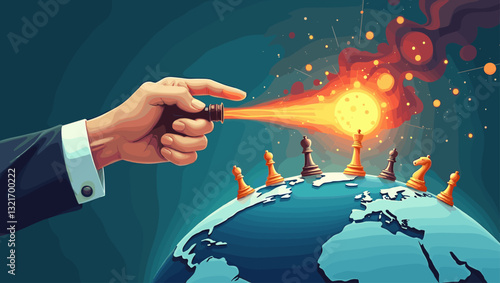Powerful Hand Controlling World Events Through Strategic Chess Moves on Globe
