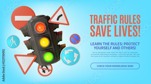 3d Road Rules Save Lives Concept Ads Banner Promotion Poster Card with Traffic Light Illuminated and Road Signs Around. Vector illustration