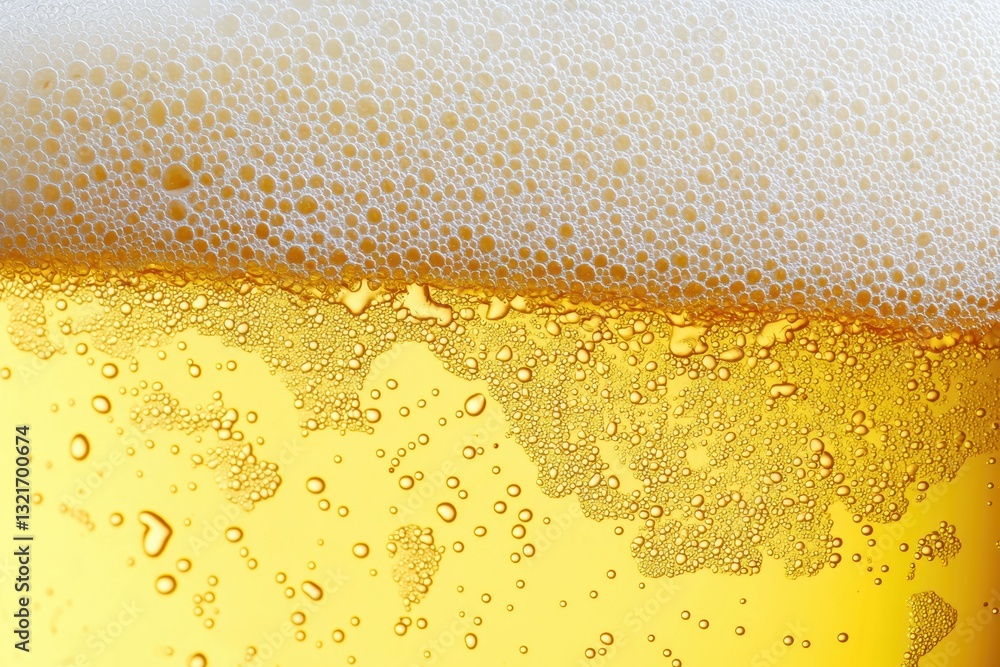 Close-up of beer foam showing condensation and bubbles on yellow background Close-up of beer foam showing condensation and bubbles on yellow background