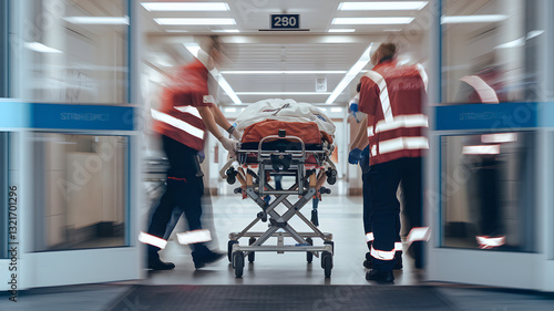 Busy hospital emergency entrance with medical staff rushing to assist patients, ambulances parked nearby, and a sense of urgency in the air. 