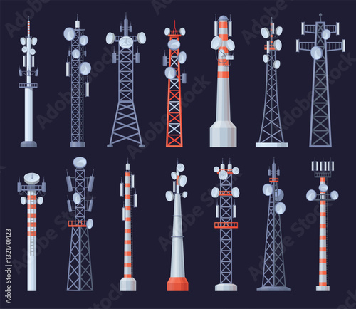 Telecom towers. Cell telecommunication antenna, 4g 5g gsm signal radio microwave television transmitter wireless mast broadcast building communication, neat vector illustration