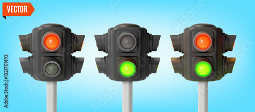 3d Pedestrian Traffic Light Sequence Red and Green Lights Cartoon Design Style Symbol of Rules. Vector illustration