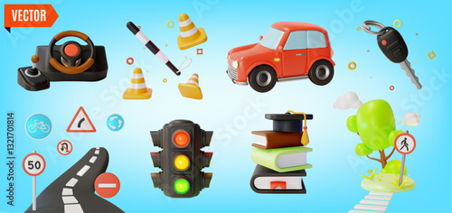 3d Driving School Concept Elements Set Cartoon Design Style. Vector illustration of Car, Police Stick, Key and Steering Wheel