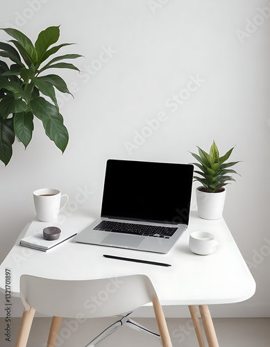 Minimalist White Workspace with Laptop and Green Plant