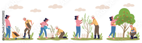 People planting tree stages. Man woman plants care growth fruit trees process, seeding watering cultivation harvesting phases, grow investments concept classy vector illustration
