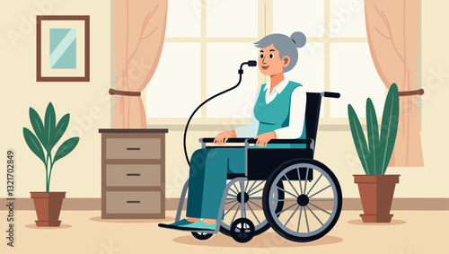 Senior Woman with COPD Receiving Oxygen Therapy in Wheelchair at Home