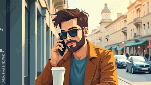 Stylish Man Enjoying Coffee and Chatting on Cellphone in Urban Setting