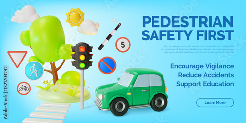3d Pedestrian Safety First Traffic Rules Concept Ads Banner Promotion Poster Card. Vector illustration of Stoplight and Car