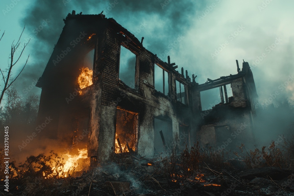 A burning building with thick smoke escaping through the windows A burning building with thick smoke escaping through the windows