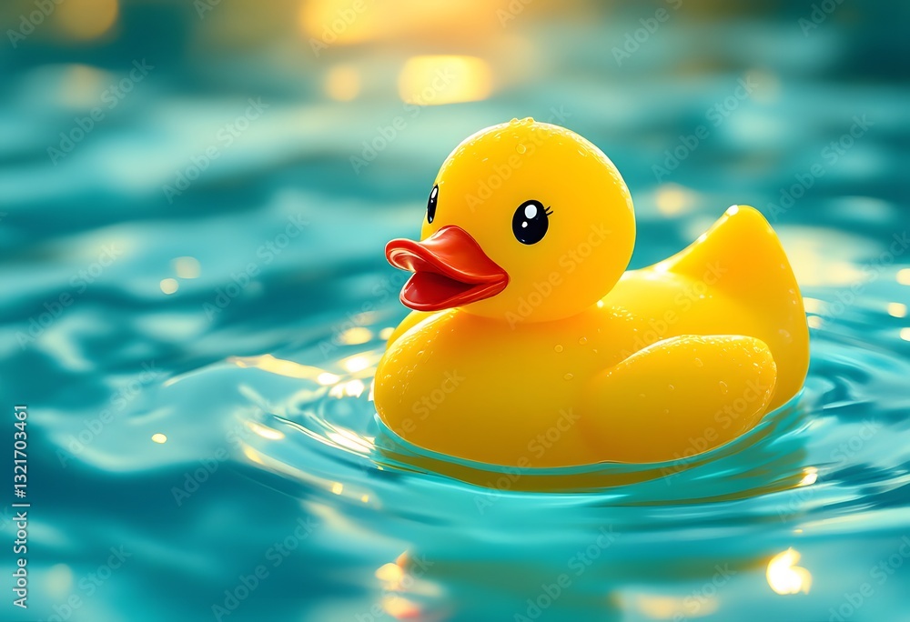 Playful yellow rubber duck floats on teal water. Playful yellow rubber duck floats on teal water.