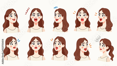 Woman expressing range of emotions through facial expressions and body language