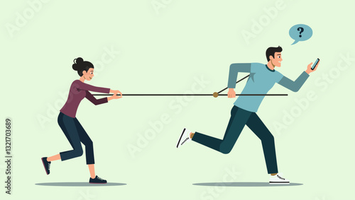 Woman Pulling Reluctant Man Forward with Rope, Encouraging Him to Take Action