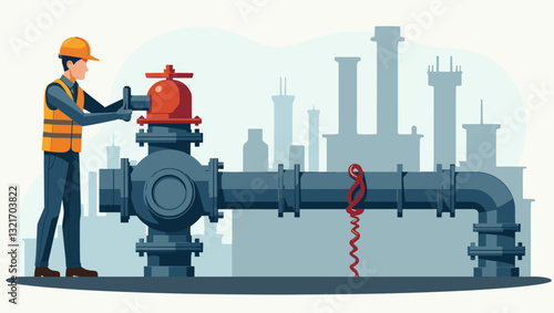 Worker Turning Off Valve on Industrial Gas Pipeline for Safety
