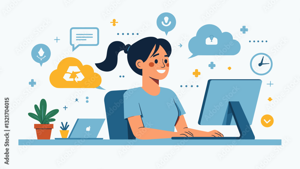 Young Professional Woman Working Remotely with Cloud Computing Technology Young Professional Woman Working Remotely with Cloud Computing Technology