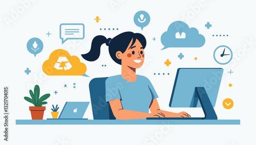 Young Professional Woman Working Remotely with Cloud Computing Technology